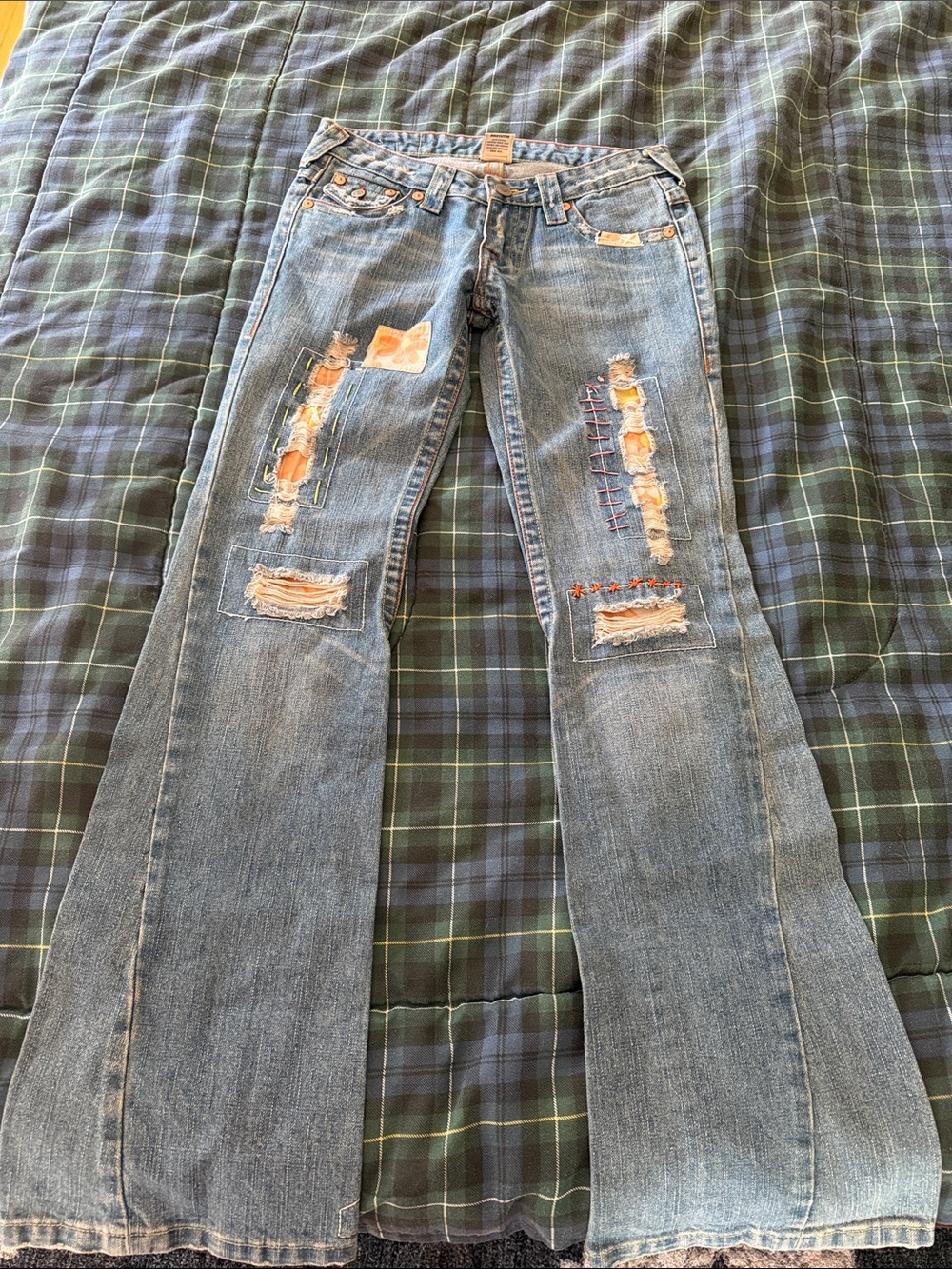 Vintage True Religion woman’s Blue Distressed Patchwork Jeans